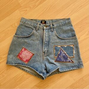 Vintage La Griffe Patchwork Denim Shorts Blue Jeans High Waisted Mom Bandana